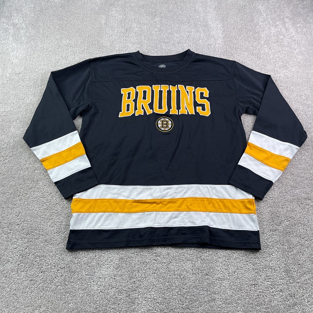 Boston Bruins Shirt Mens Large Black Jersey Style Embroidered Logo Long Sleeve
